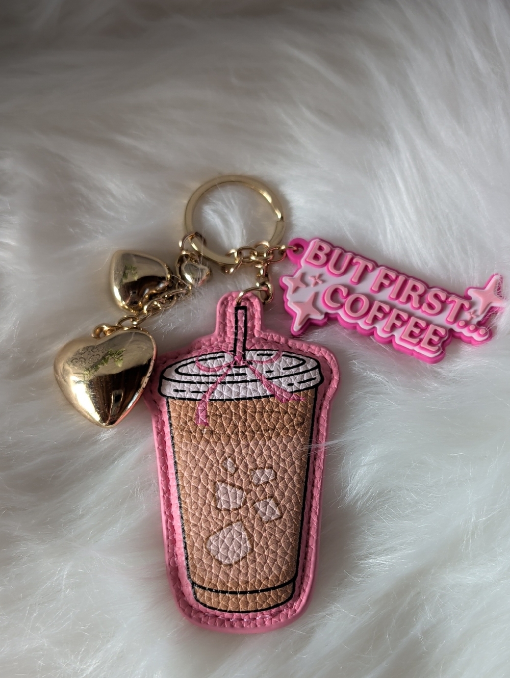 Pink Coffee Cup Keychain with Gold Hearts - But First Coffee Charm